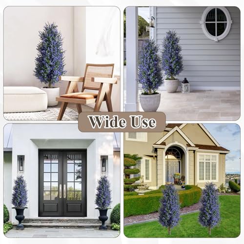 Christmas Artificial Lavender Cone Topiary Trees with Spike, 2 Pack UV Resistant & Anti Lodging Artificial Shrubs, 3FT Fake Evergreen Artificial Plant Brush for Indoor Outdoor Front Porch Garde - size: Lavender Cone Topiary Trees