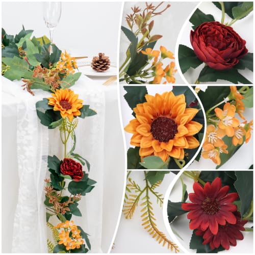 MAKHOT 2Pack Artificial Maple Leaves and Sunflowers Burgundy Roses Garland | Fake Flower Gypsophila Vine Garlands Decor, Floral Flower Greenery Garland for Wedding Home Table Decor - color: Green & Ren-2pcs