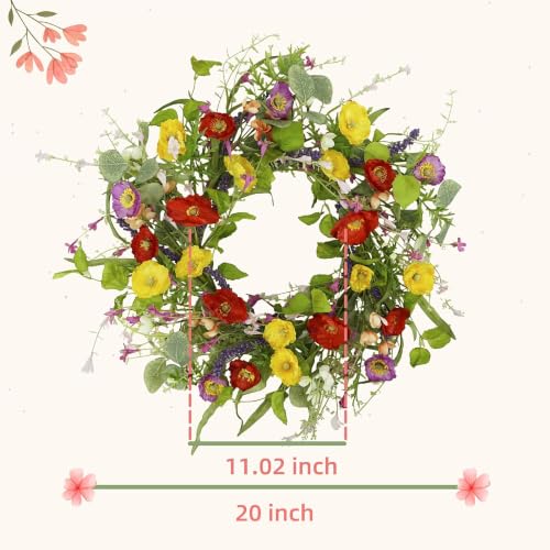 YNYLCHMX 20" Spring Summer Wreaths for Front Door, Artificial Floral Wreath with Green Eucalyptus Leaves, Green Foliage Wreath for Wall Window Farmhouse Party Holiday Home Decor - color: Red,yelllow, Purple Daisies