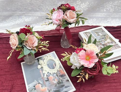 Marriwise Set of 6 Burgundy Red Assorted Wedding Flower Centerpieces Pre-Made Mini Bridesmaid Bouquets Artificial Floral Rose Table Decor for Wedding Decorations Shower Home Decor (Burgundy Red) - color: Burgundy Red