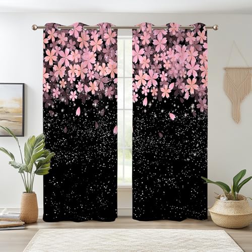 Renaiss Pink Cherry Patels Blackout Curtains, Japanese Cherry Flowers Thermal Insulated Bedroom Window Curtains, Black Floral Bossom Window Curtains for Kitchen, 45" L x 29" W 2 Panel Set - color: Black & Pink, size: 29"W x 45"L (Pack of 2)
