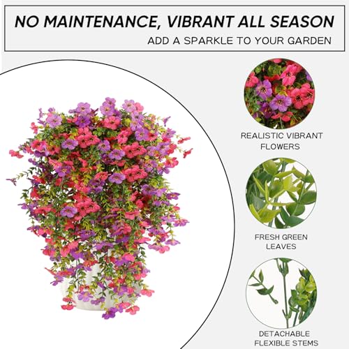6 Bundles Artificial Flowers for Outdoors, UV Resistant Fake Hanging Flower, Realistic Silk Flowers for Indoor Outside Garden Patio Balcony Farmhouse Porch (Purple, Fuchsia) - color: Purple&fuchsia