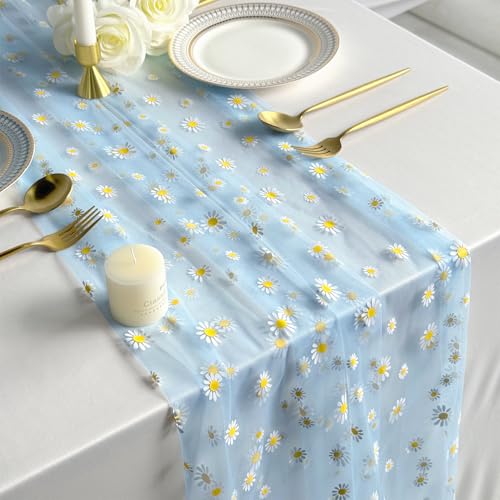 Daisy Gauze Table Runner 120 Inch 10FT, Floral Flower Tulle Table Runner Seasonal Kitchen Dining Table Decorations for Party Wedding Christmas Holiday Birthday (Blue) - color: Blue