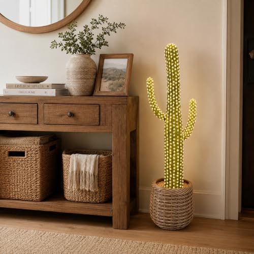 bellacat 32in Fake Cactus with Warm White & Color Changing Lights, Realistic Faux Cactus Plants Indoor with Brown Decorative Planter, Artificial Cacti Light Up Plant for Home Decor, 2 Pack - color: Brown Planter-2pack, size: 32in