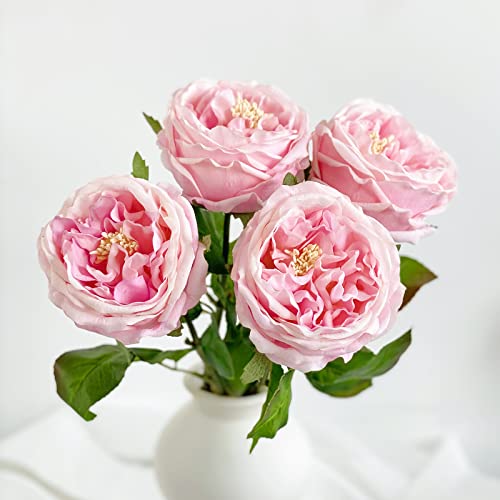 YalzoneMet 3.5'' Big Bloom Rose Artificial Flowers Light Pink 4Pcs Real Touch Rose Faux 17.7 Inch Long Stem Austen Roses Peonies Fake Flowers for Home Kitchen Party Christmas Flower Wedding Decor - color: Light Pink