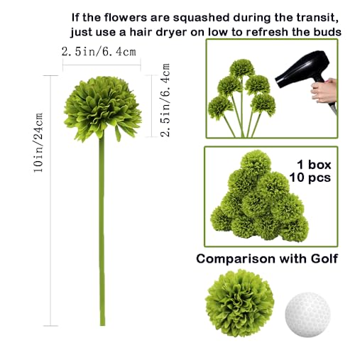 10Pcs Artificial Silk Chrysanthemum Ball Flowers Fake Mums Stem for St Patricks Day Arrangements Wedding Bouquets Home Kitchen Garden Party Table Floral Centerpieces (Dark Green) - color: Dark Green