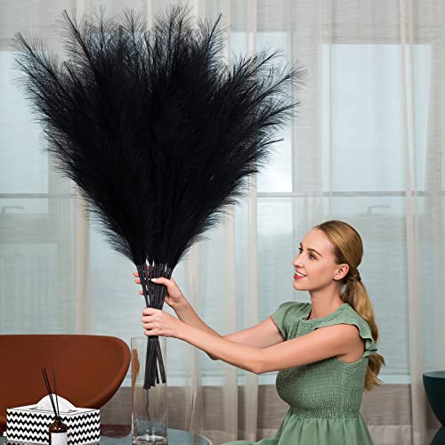 Faux Pampas Grass 6 Stems, Artificial Pampas Grass - 43 inch Total Extra Large Pompass Grass Tall Pompous Boho Flower Arrangement and Floor Vase Filler Home Decor for Room Wedding Party (Black) - color: Black