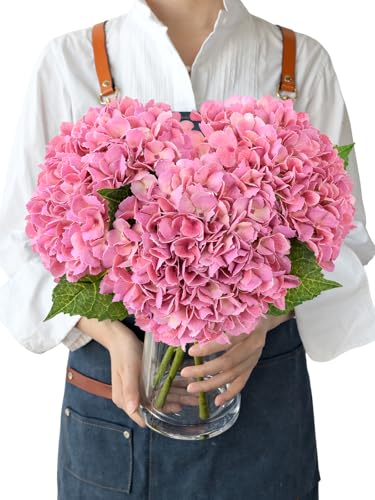 JINWOE Real Touch Artificial Hydrangea Flowers, 3pcs 21" Pink Latex Spring Silk Faux Hydrangea Flowers,Lifelike Artificial Hydrangeas with Stems for Porch Bouquets Wedding Home Baby Showers - color: Pink
