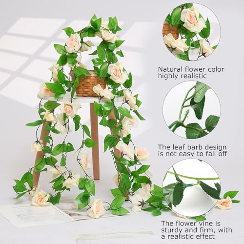 4Pcs Artificial Rose Vines Fake Flowers Garland with Green Leaves Faux Hanging Floral Plants for Home Bedroom Living Room Patio Decor,Christmas Wedding Birthday Party Decoration (Champagne) - color: Champagne, size: 4Pcs-large rose
