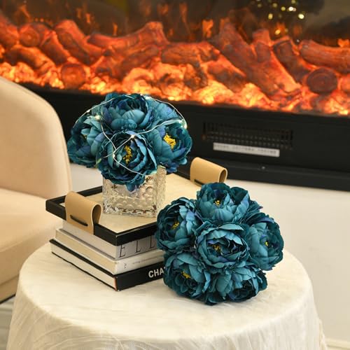Artificial Peony Silk Flower Centerpieces with LED Light Faux Floral Arrangement in Glass Vase for Home Wedding Table Decoration (Peacock Blue) - color: Light-peacock Blue