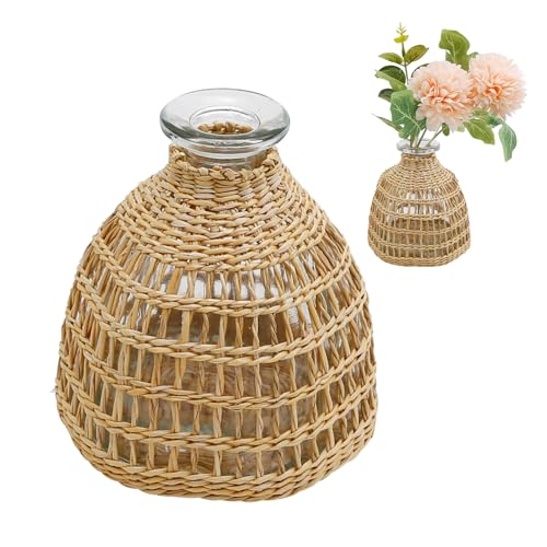 Flower Vases with Rattan Cover, Straw Woven Glass Vase, Rattan Woven Vase Decorative, Glass Flower Vase, Boho Glass Flower Vase, Vase for Home Flower Arrangement Table Decoration, 5.3''X3.5'',D Style - size: 5.3IN