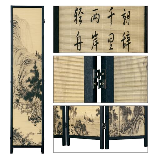 MyGift Decorative 6 Panel Folding Room Divider Bamboo Screen with Chinese Calligraphy Design, 6FT Freestanding Floral Artwork Room Partitioner with Black Wood Frame 94.5''W x 69''H - color: Black (Floral), size: 6 Panel