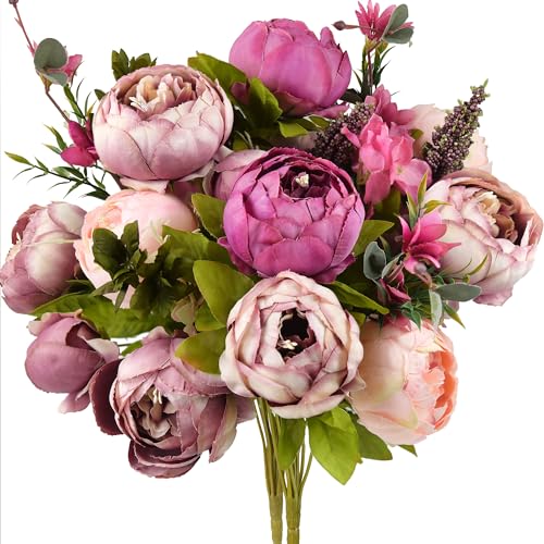 FiveSeasonStuff Soft Peach Pink and Magenta Red Vintage Artificial Peonies Silk Flowers and Hydrangeas for Wedding Bridal Home Decor – Beautiful Floral Centerpiece Bouquet (Celestial Beauty) - color: Celestial Beauty (Soft Peach Pink and Magenta Red)