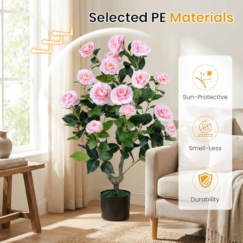 Goplus 35.5’’ Artificial Camellia Tree, Flower Plants Artificial Tree, Faux Floral Plant Blooming Tree in Cement Pot, Greenery Potted Plant for Indoor Outdoor Office Home Porch Decor - color: Pink, size: 2ft 11in