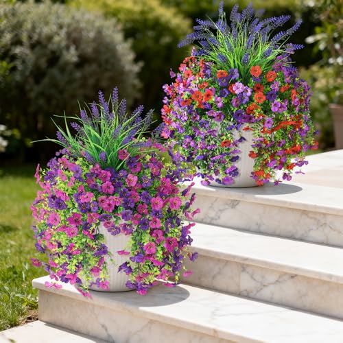 Artificial Fake Hanging Flowers Plants for Outdoor Outside Decoration, Faux Silk Daisy Flower Realistic UV Resistant for Front Porch Patio Balcony Garden Yard Indoor Planter Home Decor(Purple Red) - color: Mixed 2
