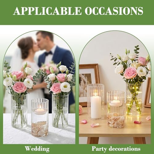 12 pcs Ribbed Glass Cylinder Vases for Centerpieces,6 inch Clear Glass Candle Cylinders, Flower Vase & Floating Candle Holder, Wedding Decorations, Dining Table & Home Décor Gift - size: Ribbed-12PCS