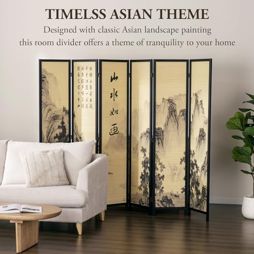 MyGift Decorative 6 Panel Folding Room Divider Bamboo Screen with Chinese Calligraphy Design, 6FT Freestanding Floral Artwork Room Partitioner with Black Wood Frame 94.5''W x 69''H - color: Black (Floral), size: 6 Panel