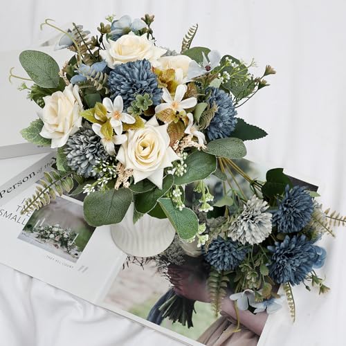 Artificial Mum Flowers 12 Bundles Silk Chrysanthemum Flowers Fake Roses Peonies with Eucalyptus, Realistic Faux Peonies for Vase Arrangement, Home Decor, Wedding Centerpiece - White Blue - color: White Blue