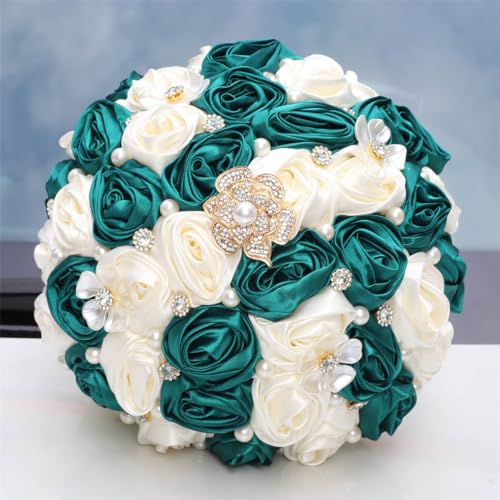 MaxxCloud 9.4‘’ Handmade Romantic Toss Bouquet for Bride Stunning Bridesmaid Brooch Wedding Bouquet with Jewelry Petals Dark Green and Ivory - color: Dark Green+ivory, size: 9.4''/24cm