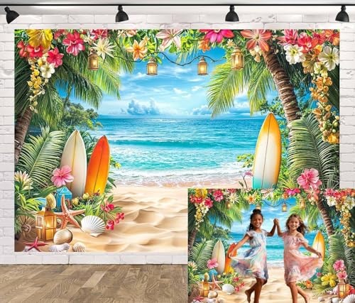 Summer Beach Ocean Backdrop, Tropical Hawaiian Palm Trees Flower Photography Background, Blue Sea Sky Luau Aloha Party Wedding Baby Birthday Bridal Shower Decoration Banner Photo Booth 5X3FT - color: Yellow, size: 5X3FT