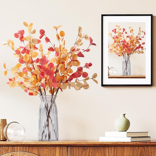 6pcs Eucalyptus Stems Fake Orange Red Autumn Leaves Artificial Silk Flowers Fall Decor Bouquet Faux Branches Centerpiece Flores Plants for Home Party Decor Wedding Decoration - color: 6pcs-orange