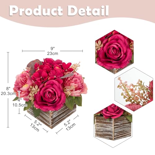 Flower Arrangement with Wooden Vase 8" Artificial Flowers in Pot - Fake Flowers Roses Peonies Hydrangeas in Wooden Vase Potted Artificial Flower Centerpieces for Table Decor Living Room - Hot Pink - color: 8"h Hot Pink