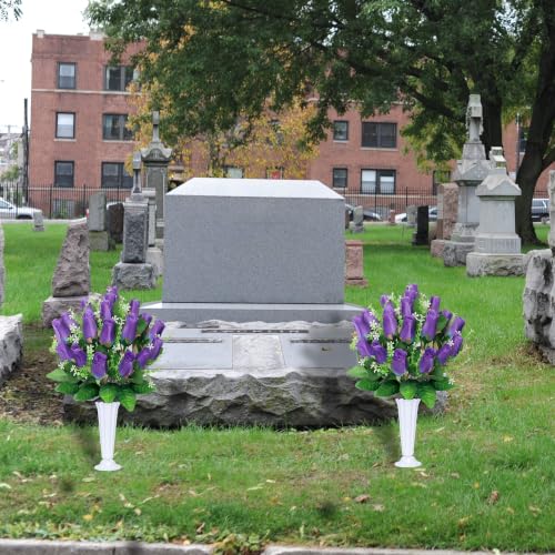 Artificial Cemetery Flowers for Grave,2Pack Memorial Roses Bouquets with Vase for Grave Tombstone Decorations (Purple) - color: Purple