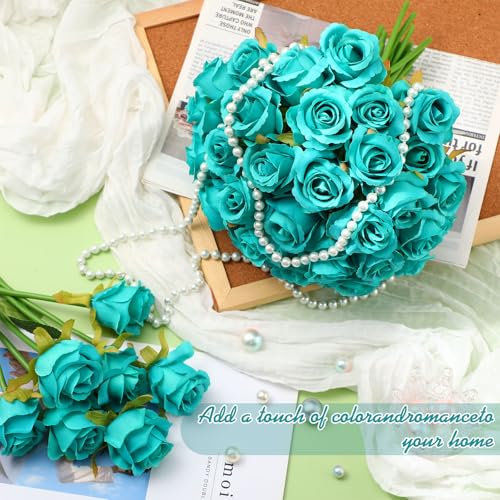 Hoteam 72 Heads Teal Artificial Flowers Turquoise Rose 6 Bouquet Wedding Decoration Faux Flower Arrangement Bouquet with Stem Bridal Shower Gift Floral Centerpiece for Tables - color: Lake Blue