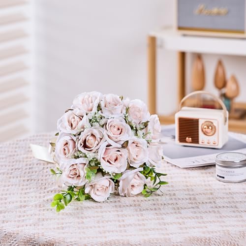 Wedding Bouquets Large for Bride, Bridal Silk Artificial Flowers 14pcs Pink Champagne Roses 10 in Fake Flowers for Wedding Party, Ceremony, Anniversary & Home Decor(Come with 4 kinds of Ribbons) - color: Pink Champagne, size: 14pcs*10 inches