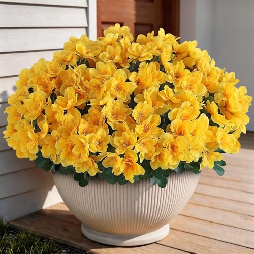 16 Bundles Artificial Flowers for Front Door, Fake Silk Azalea Bouquet Silk Flowers for Outside UV Resistant Realistic Faux Plants for Planter Farmhouse Patio Garden Walkways Home Decor (Yellow) - color: Yellow
