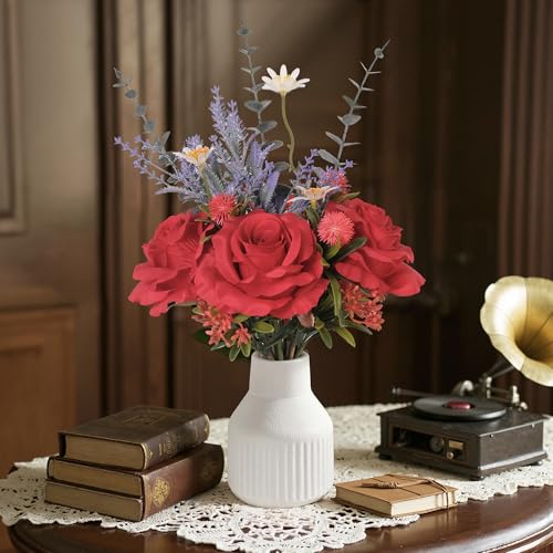 Artificial Flowers in Vase, Silk Roses Flowers Artificial Eucalyptus Lavenders Small Daisies and Fake Plants in White Ceramic Vase, Floral Centerpieces for Tables, Faux Flowers for Coffee Table Décor - color: Red