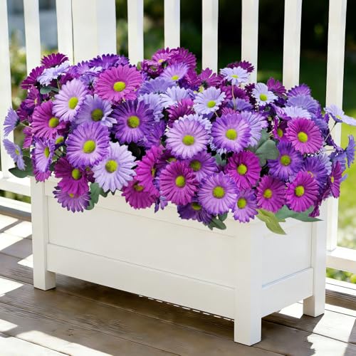 8 Bundles Artificial Silk Gerbera Daisy Flowers Fake Outdoor Bouquet Realistic Bulk Bouquet UV Resistant for Garden Front Porch Pots Home Indoor Table Vase Decoration (Purple+Blue) - color: Purple+blue