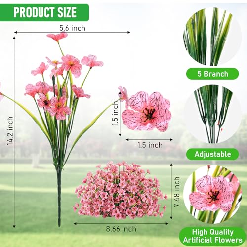 22 Pack Artificial Flowers Outdoor Fake Plants, Faux Flowers UV Resistant with Plastic Plants, Faux Silk Flowers for Outdoors Outside Front Porch Hanging Planter Window Box Garden Decoration(Pink) - color: Pink, size: 22 Bundles