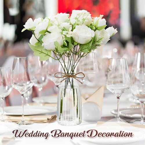 Thiccywoov 19 Pack Artificial Peony Flowers with Vase Bulk, 12 Bundles Faux Peony Bouquet 6 Vase with 1 Rope Silk Flower Arrangement Wedding Table Centerpiece for Wedding Bridal Shower(White) - color: White