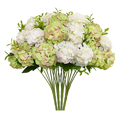 4 Bundles Small Hydrangea Artificial Flowers, Silk Fake Flower Bouquet for Wedding Party Home Decor.(White & Green) - color: White&green