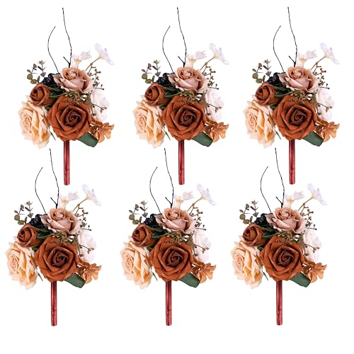 Terracotta Wedding Centerpieces Flowers Set of 6 Mini Bridesmaid Bouquets Pre-Made Flowers for Fall Wedding Decorations Artificial Flowers - color: Terracotta