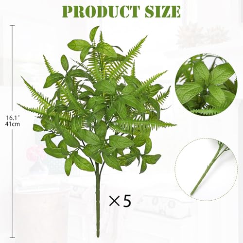 GnFlus Artificial Fern Mint Leaves Stems Mix Plants 5pcs Realistic UV Resistant Fake Greenery Plants and Branches for Decor Home Indoor Outdoor Garden - color: Fern and Mint