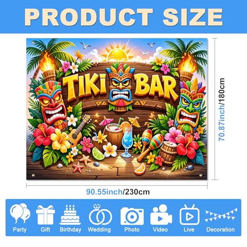 BlissYard Tiki Bar Backdrop Hawaiian Luau Party Banner Tropical Beach Theme Decoration 8x6FT Large Aloha Tiki Mask Photo Booth Background Summer Birthday Pool Party Indoor Outdoor Event Photography - color: Tiki Bar Aloha#02