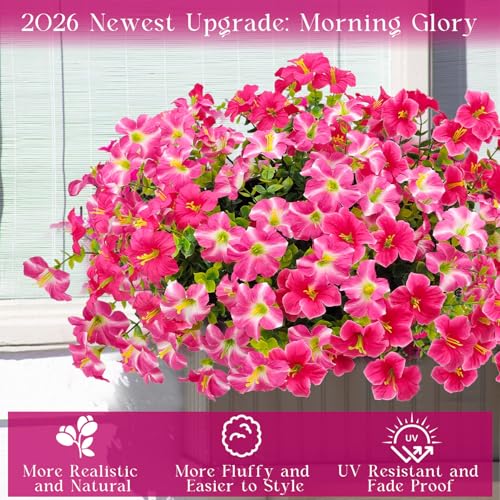 Artificial Flowers for Outdoors Decoration, 12 Bundles Fake Silk Morning Glory with Faux Plastic Eucalyptus UV Resistant for Outside Front Door Porch Planters Patio Garden Decor (MultiColor 5) - color: Multicolor 5