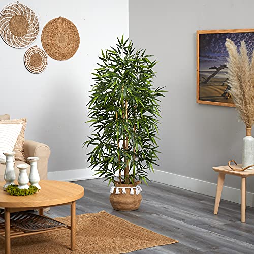 Nearly Natural 64in. Bamboo Artificial Tree with Natural Bamboo Trunks in Boho Chic Handmade Natural Cotton Woven Planter with Tassels