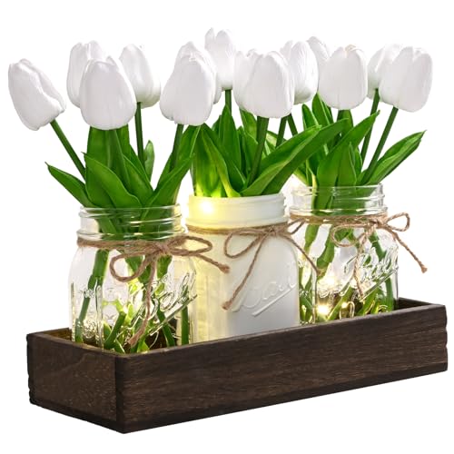 BLEUM CADE Mason Jar Centerpiece Table Decorations, Mason Jar Lights Centerpiece for Kitchen Dining Table Farmhouse Coffee Table Wedding Home Decor with 3 Jars Tulips Artificial Flowers & Wood Tray - color: White-tulips