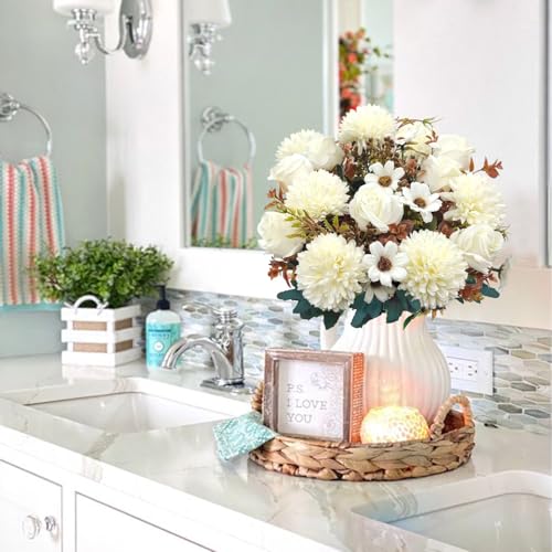 3 Pcs Fall Flowers Artificial Mums Silk Fake Mums Bouquet Faux Floral Arrangements Home Indoor Outdoor Planter Decor Party Wedding Table Autumn Decoration (White) - color: White