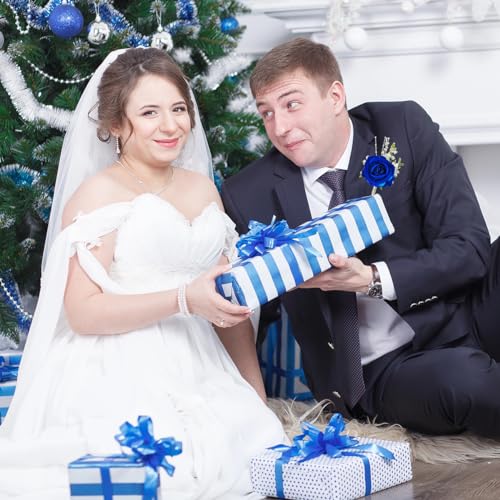Royal Blue White Corsage and Boutonniere Set for Wedding Prom, Artificial Rose Flower Wrist Corsage Bracelets, Homecoming Corsage Wristlet, Boutonniere for Men Wedding Suit Decorations