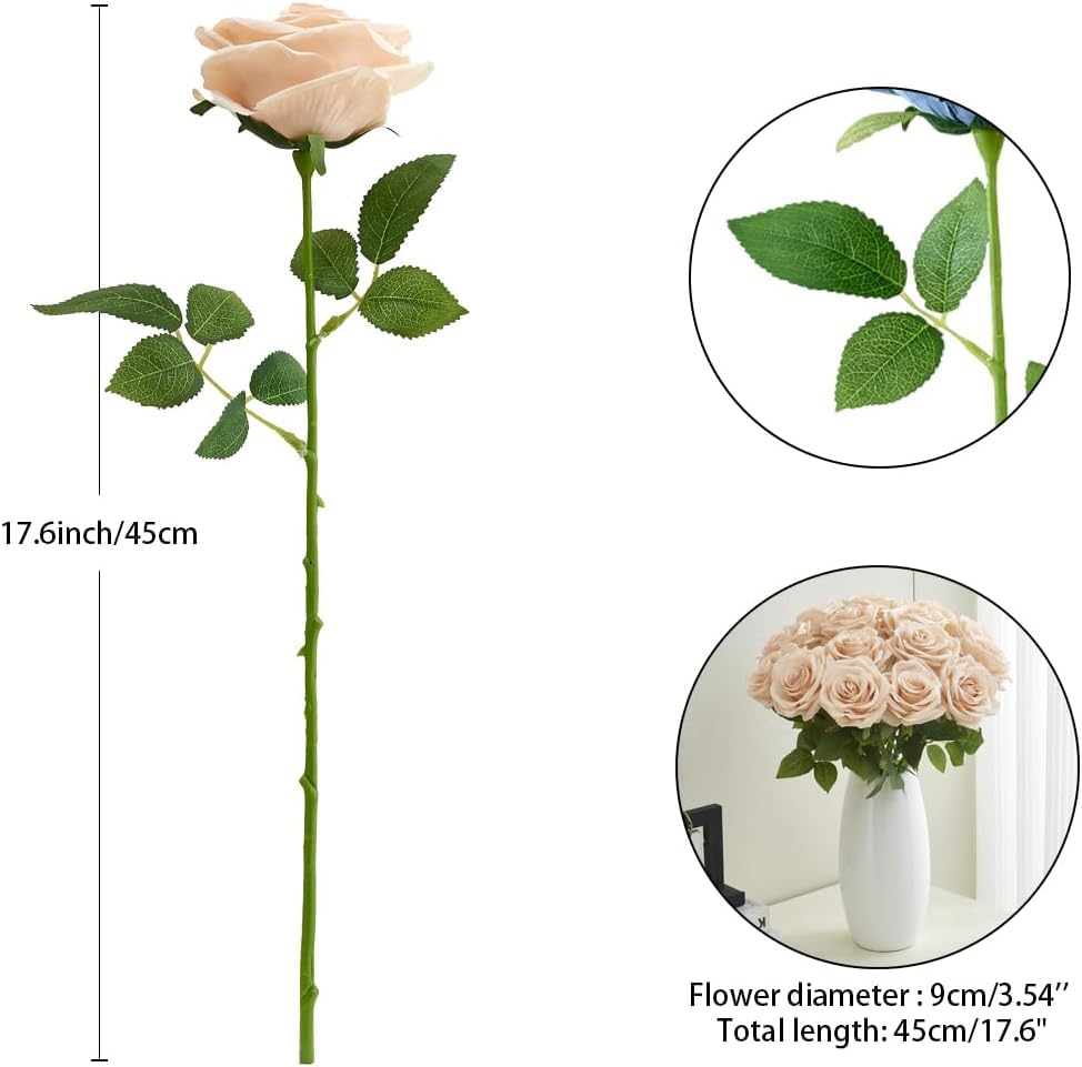 50Pcs Champagne Roses Artificial Flowers Artificial Silk Roses Bulk,Fake Roses Flower with Stems Realistic Flowers for Wedding Centerpiece Home Party Decor - color: 50pcs Champagne