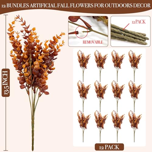 20 Bundles Artificial Fall Flowers for Outdoors Fall Decorations - UV Resistant Fake Mums Faux Plant Plastic Flowers Gardens Porch Fireplace Home Indoor Thanksgiving Autumn Decor(Brown Eucalyptus) - color: Brown Eucalyptus, size: 20 Bundles