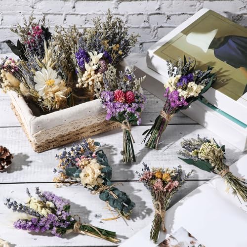 Layhit 12 Pcs Boho Dried Flower Bouquet Mini Wedding Handmade Dry Flowers Decor for Vase Crafts DIY Photo Boutonniere for Men Floral Plant for Bridesmaid Gift Birthday Decor(Romantic) - style: Lavender