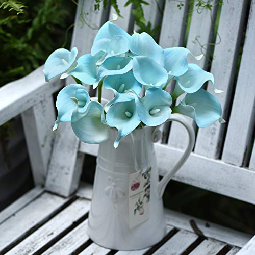 FiveSeasonStuff Real Touch Calla Lily Artificial Flowers Wedding Bridal Bouquet | Floral Arrangements | 15 Calla Lilies (Lake Blue) - color: Lake Blue