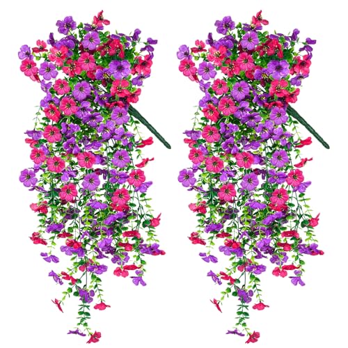 Artificial Hanging Flowers for Outdoors Decorations 2 Pack, Fake Hanging Flowers, UV Resistant Artificial Hanging Plants outdoors for Home Porch Patio Balcony Baskets Yard(Purple & Rose Red) - color: Purple Rose Red