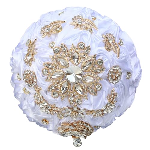 9.8in White Wedding Bridal Bouquet Handmade with Luxury Gold Rhinestone Brooch for Bride Bridesmaid Quinceanera Bouquet Satin Rose Flower Bouquet Wedding White - color: White, size: Extra-large (DIA. 9.8"/25cm)