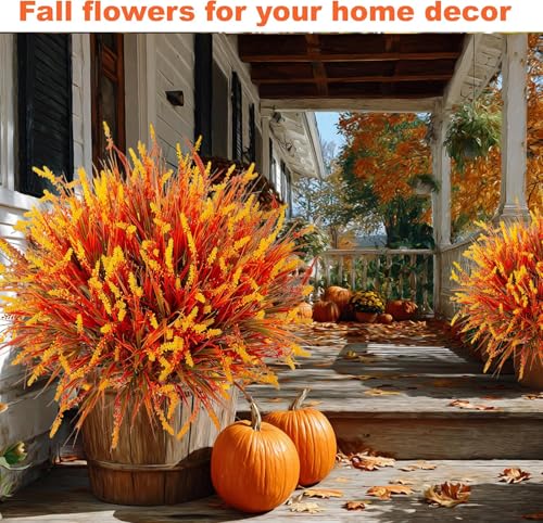 Artificial Fall Flowers Faux Mums Burnt Orange Flowers for Outdoor Planters, Marigold for Vase Table Floral Arrangement for Wedding Home Porch Thanksgiving Outdoor Autumn Decorations (Brown, 12 PCS) - color: Brown